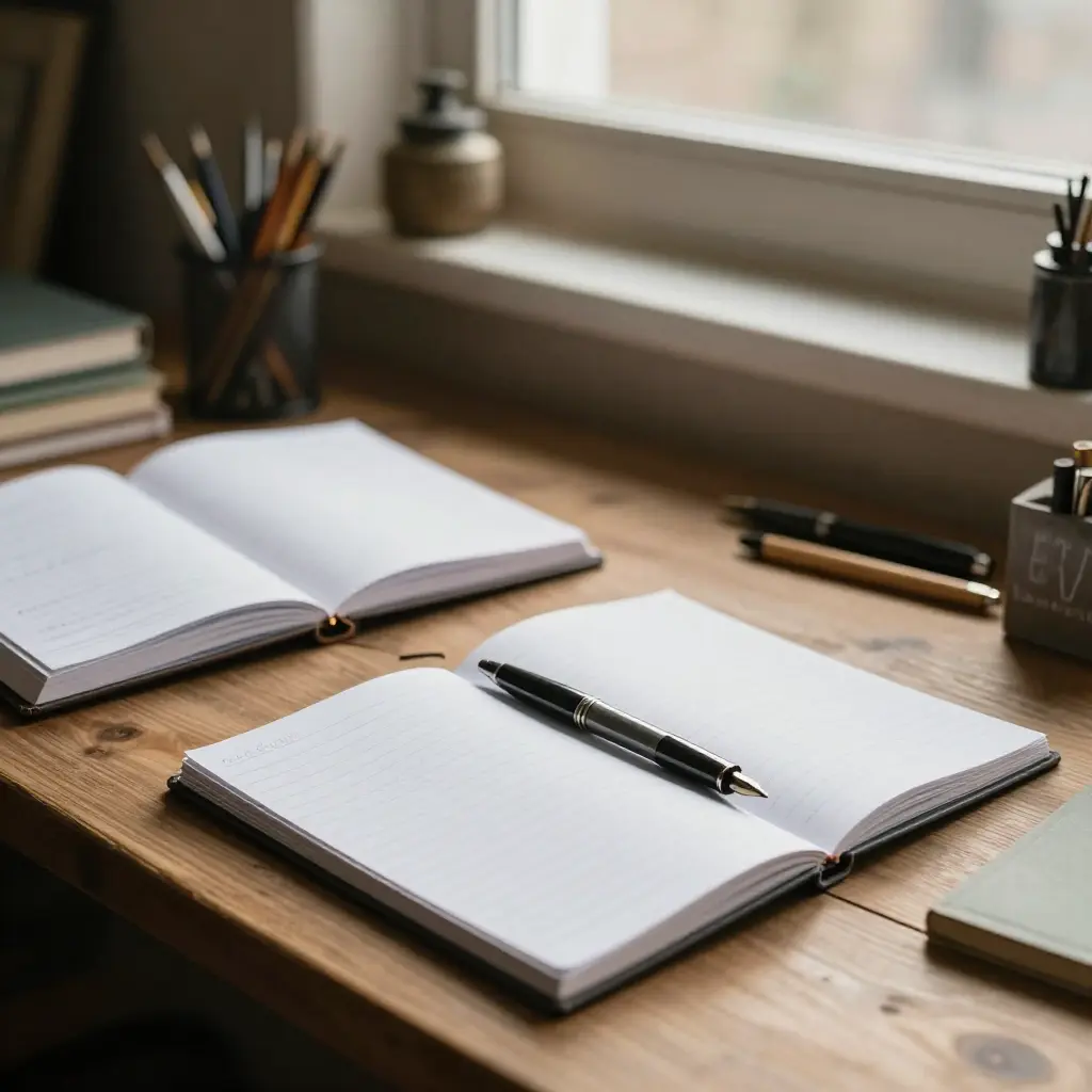 Cozy workshop environment with notebooks and pens