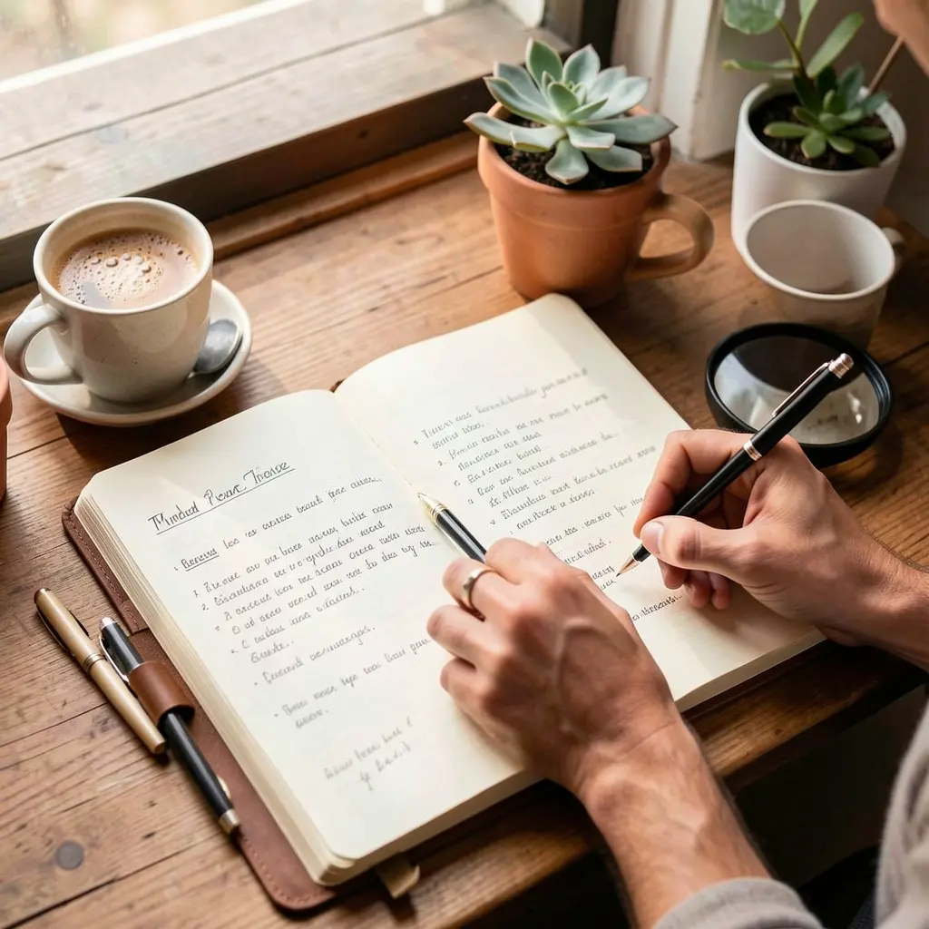 Mindful journaling practice with coffee and notebook